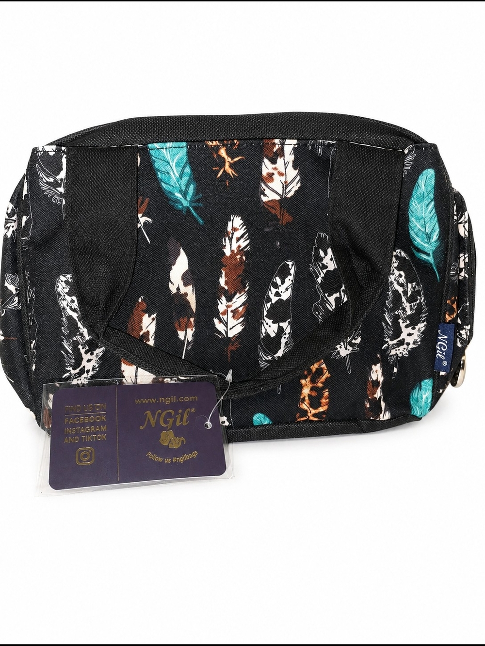 NGil Feather Print Black Insulated Lunch Bag Back To School